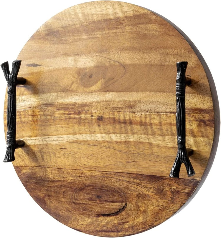 Burnt Brown Mango Wood Round Serving Tray Centerpiece with Cast Iron Branch Design Handles-MyGift