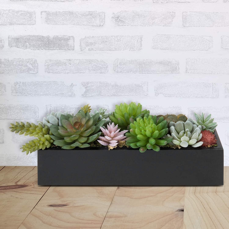 black succulent planter Black 12 Inch Rectangular Wood Planter Box w/ Artificial Succulent Plants Arrangement