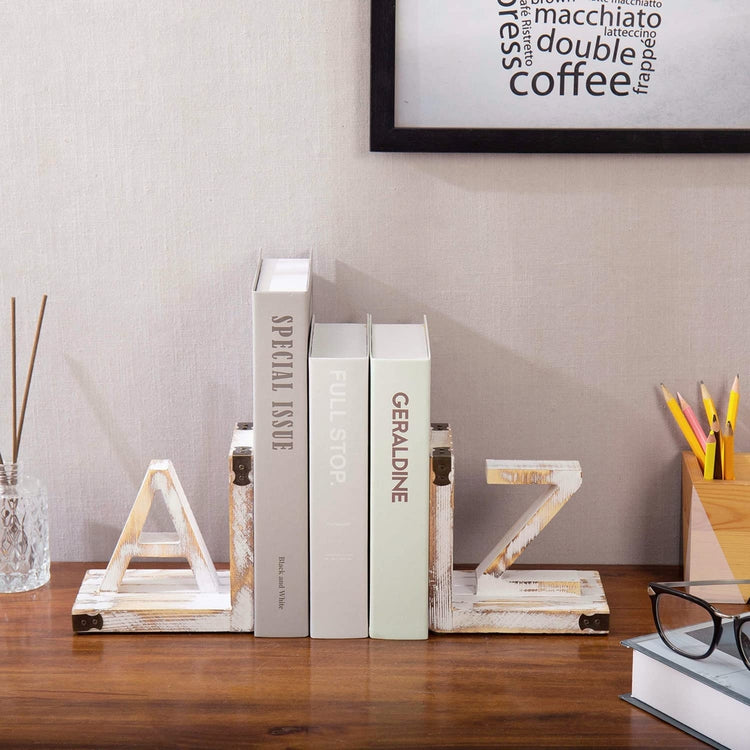 Whitewashed Wood Decorative Bookends with A and Z Block Letter Design, Office Tabletop Book End Holders-MyGift