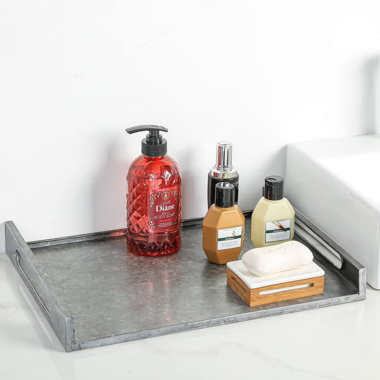 Large Galvanized Metal Serving Tray with Cutout Handles-MyGift