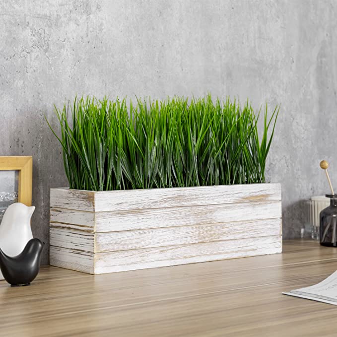 14 Inch Faux Green Grass Plant in Shabby Whitewashed Wood Planter Window Box-MyGift