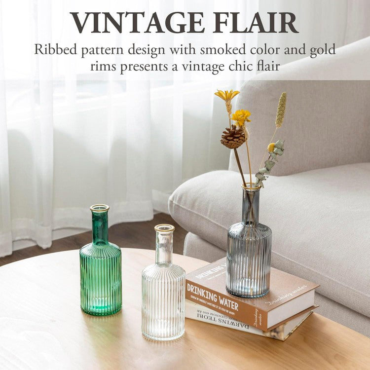 Reeded Glass Diffuser Bottles or Flower Bud Vases, Mixed Color Bottles with Brass Tone Edge and Embossed Ribbed Design-MyGift
