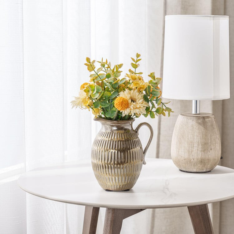 Vintage Small Jug Flower Vase with Brass Glazed Finish, Vertical Ribbed Ceramic Tabletop Pitcher Floral Vase-MyGift