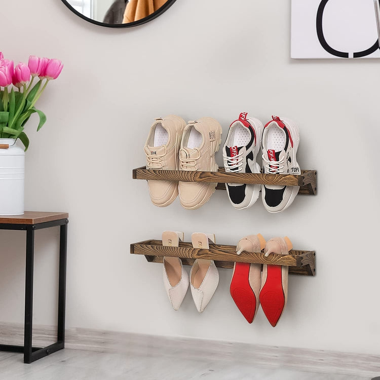 Burnt Wood Wall Mounted Shoe Storage Rack, Entryway Footwear