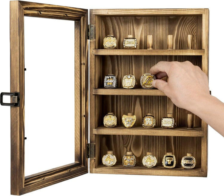 Brown Wood Championship Ring Holder, 20-Peg Fraternity, Class Rings Display Case-MyGift