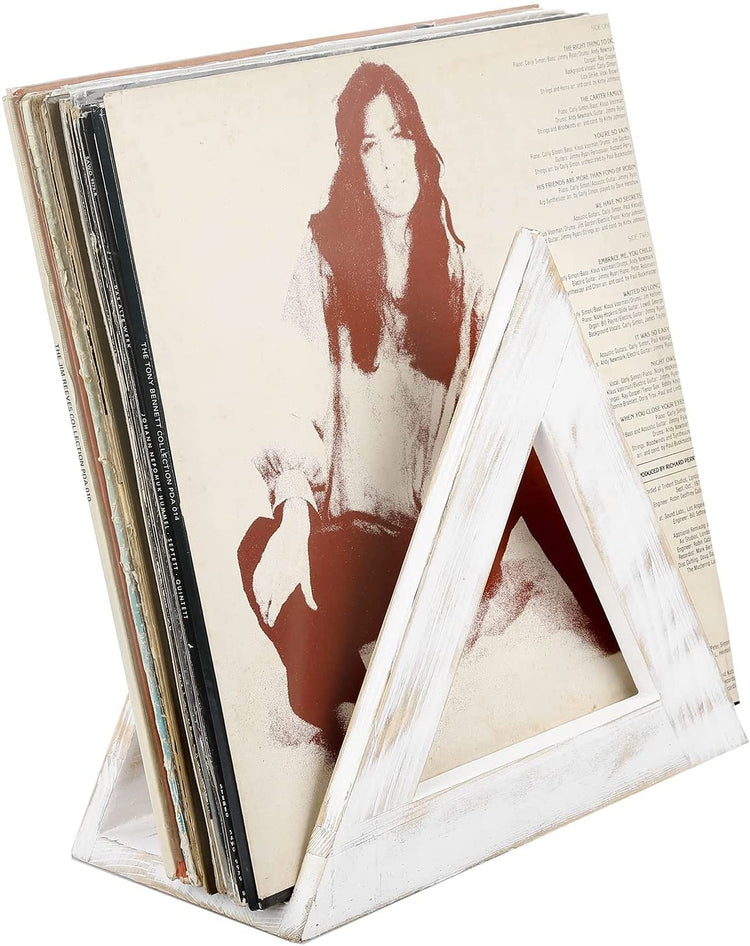 Whitewashed Wood Vinyl Record Storage Shelf, Album Display Holder Ledge, Wall Mounted Triangle Media Rack-MyGift