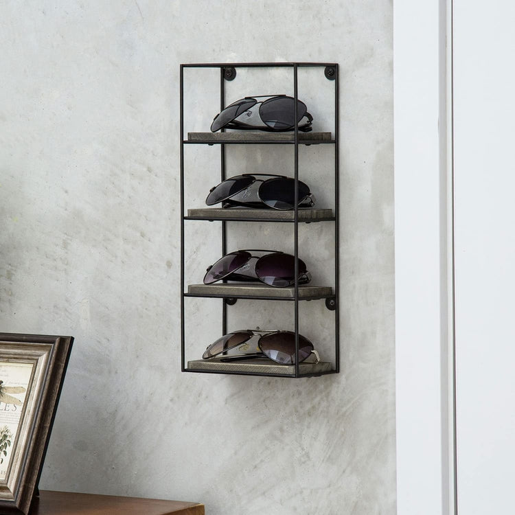 Gray Wood Sunglasses Holder Display Shelf with Black Metal Frame, Wall Mounted Retail Eyewear Showcase Rack for 4-Pairs-MyGift