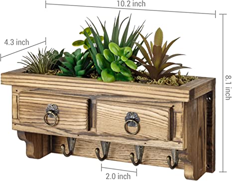 Wall Mounted Rustic Burnt Wood Entryway Organizer, Key Hook Rack with Artificial Succulent Arrangement and Vintage Drawer Accent-MyGift