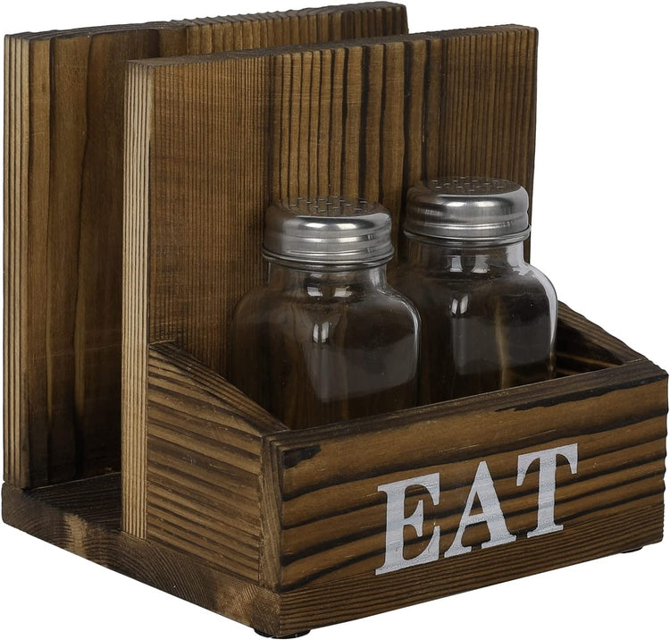 2 Compartment Brown Wood Napkin Holder Rack with Spice Shakers, Condiment Bin and Printed EAT Label-MyGift