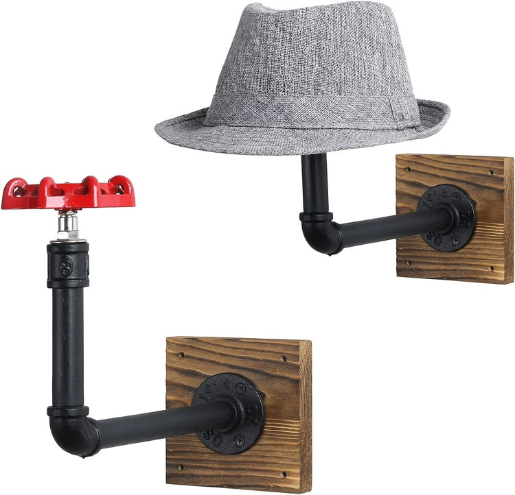 Set of 2, Industrial Black Metal Pipe and Burnt Solid Wood Wall Mounted Hat Racks with Red Valve Design-MyGift