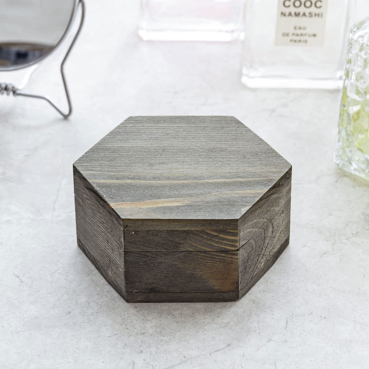 3-Inch Hexagonal Gray Wood Ring and Trinket Box for Wedding Ceremony, Small Trinket Jewelry Box-MyGift