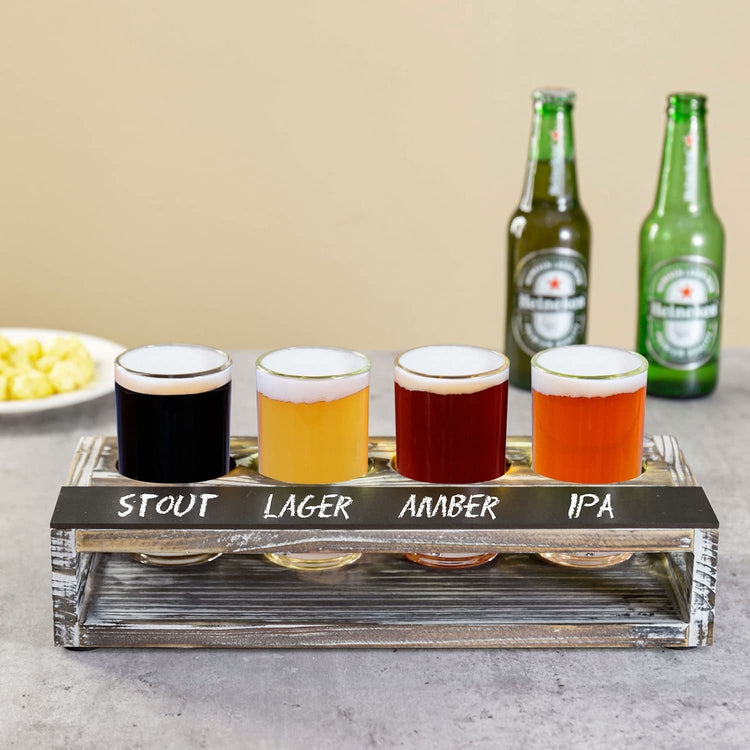 Torched Wood Beer Flight Board with Glasses, Wood Tasting Sampler Tray with Beer Glasses and Erasable Chalkboard Label-MyGift