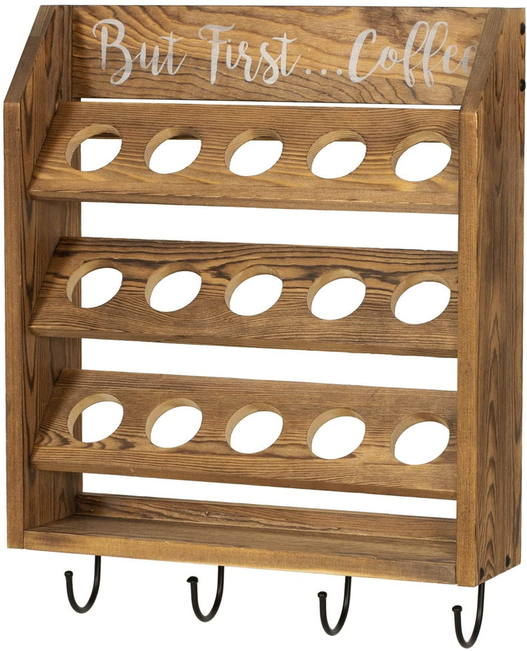 Wall Mounted Coffee Bar Organizer, Burnt Wood Coffee Pods Holder Storage Rack with Mug Hooks and But First...Coffee Sign-MyGift