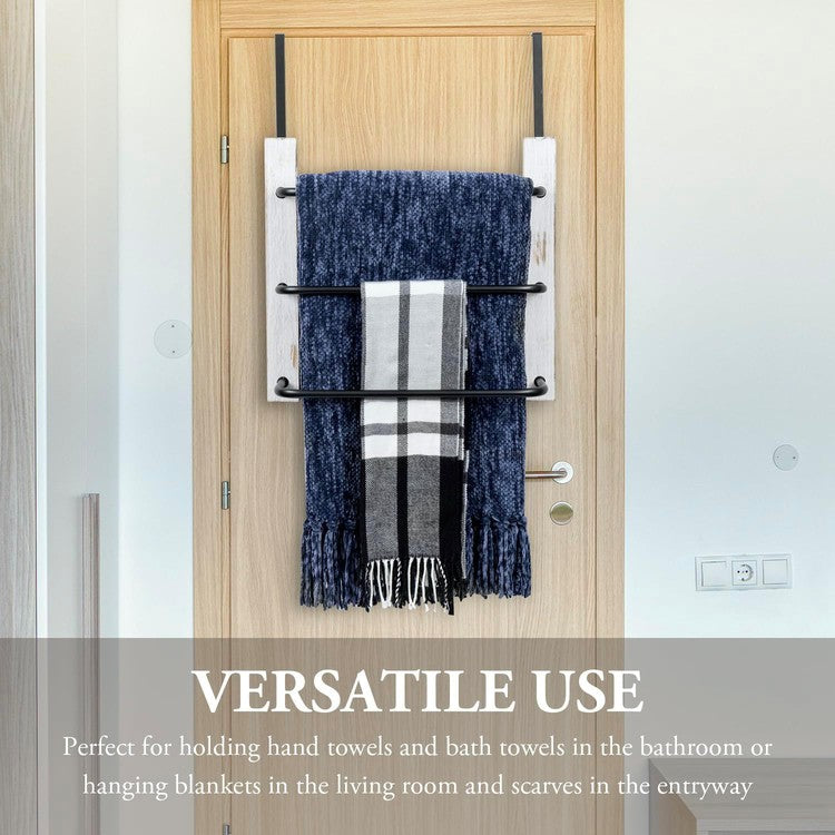 Over the Door Towel Rack in Whitewashed Wood and Tiered Matte Black Metal Bars, Space Saving Storage Drying Towel Hanger-MyGift