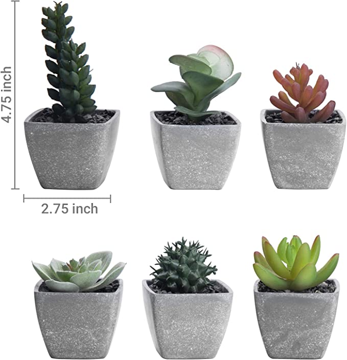 Miniature Artificial Succulents in Square Gray Planters, Fake House Plants, Set of 6-MyGift