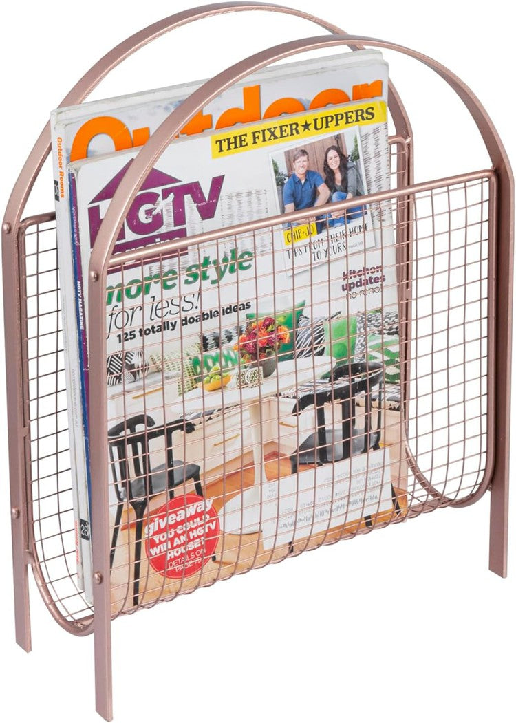 Freestanding Rose Gold Tone Metal Wire Mesh Magazine Rack, Magazine and Newspaper Basket Holder-MyGift