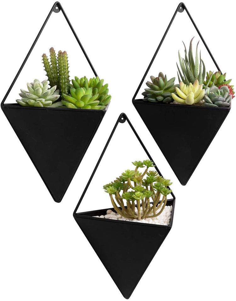 Set of 3, Matte Black Metal Wall Mounted Flower Sconce, Geometric Succulent Planter Pots-MyGift