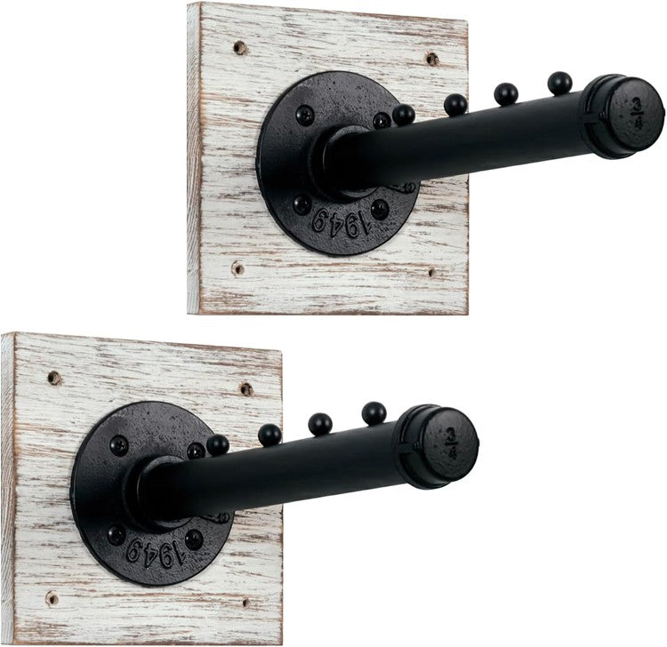 Set of 2, Wall Mounted Whitewashed Wood and Industrial Matte Black Metal Pipe Bar, Hanger Rack with Hanging Hooks-MyGift