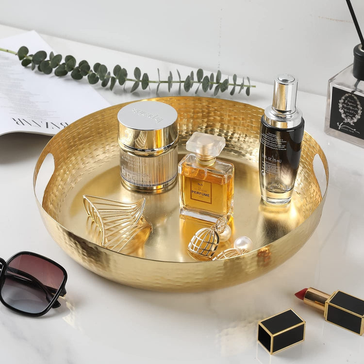 Brass Tone Hammered Pattern Metal Round Decorative Serving Display Tray with Cutout Handles-MyGift