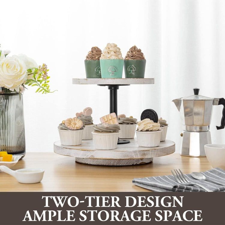 2 TierWhite Wood and Black Metal Lazy Susan Dessert Display Stand, Cupcake Stand-MyGift