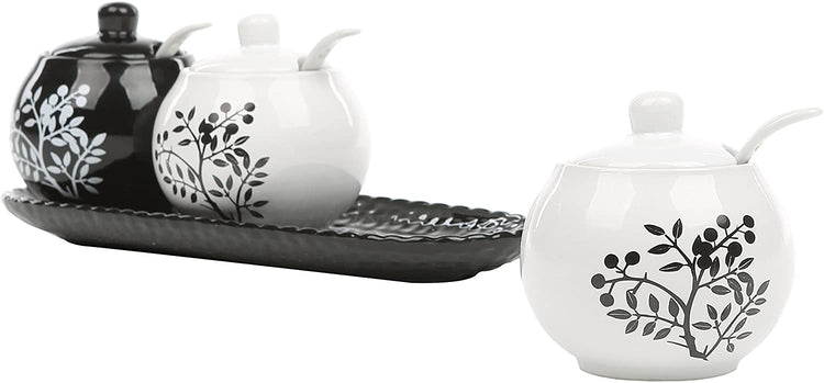 7oz Black & White Ceramic Floral Tree Spice Jars, Condiment Pots with –  MyGift