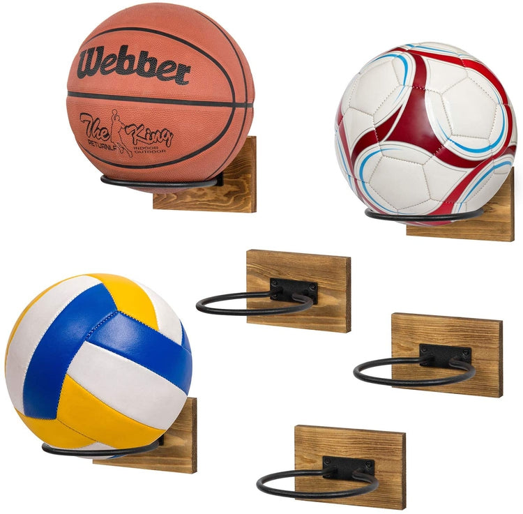 Set of 6, Wood & Black Metal Wall-Mounted Sport Ball Storage Rack & Display Holder-MyGift
