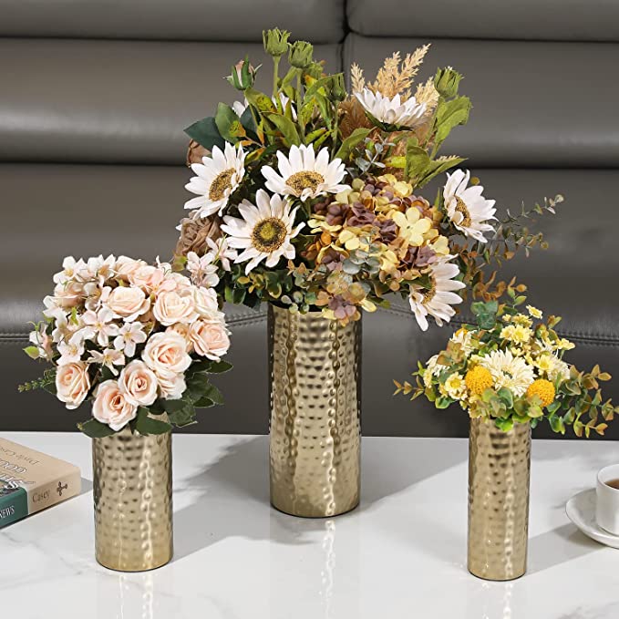 Hammered Metal Cylinder Flower Vases Set of 3, Tall Modern Brass Tone Decorative Centerpiece Vases-MyGift