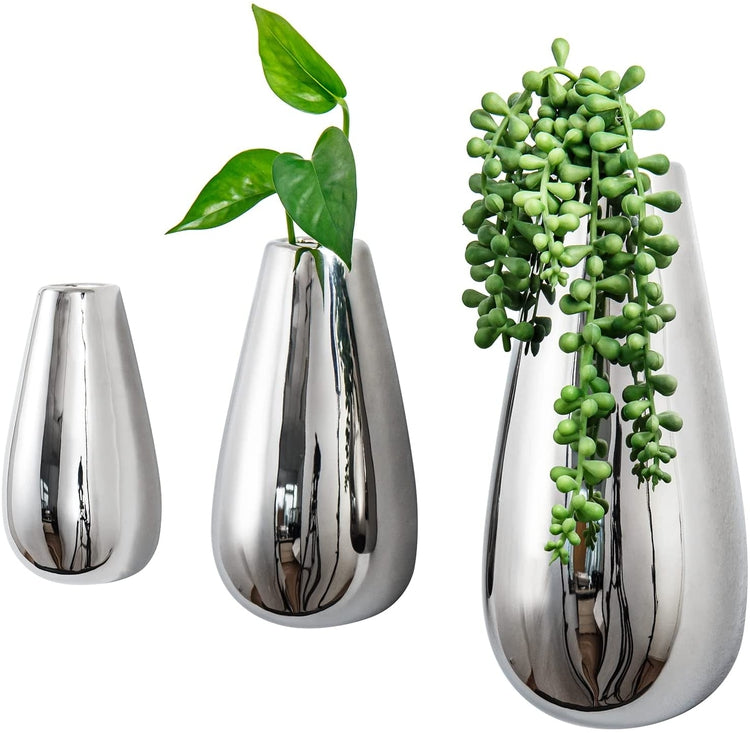 Set of 3, Wall Mounted Flower Vases, Silver Ceramic Oval Teardrop Shaped Plant Holders-MyGift
