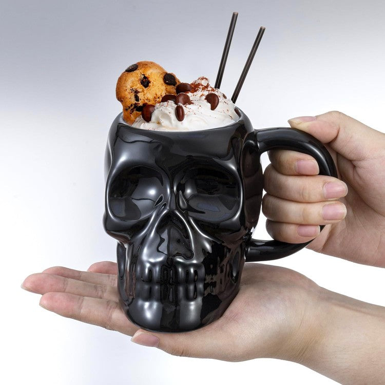 Set of 2, Gothic Novelty Drinkware, Goth Skull Shaped Black Glazed Ceramic Mugs, Halloween Skeleton Head Cups-MyGift
