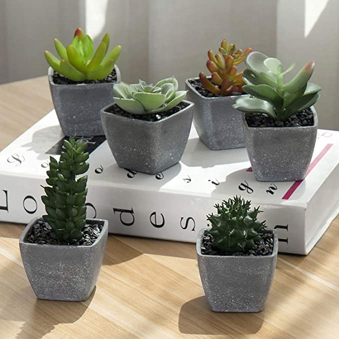 Miniature Artificial Succulents in Square Gray Planters, Fake House Plants, Set of 6-MyGift