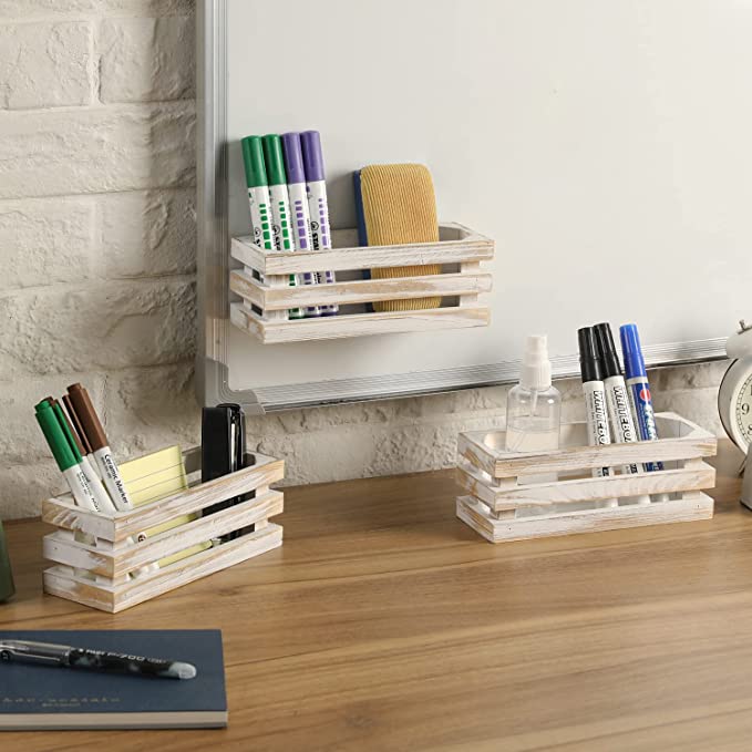 7 Inch Whitewashed Wood Magnetic Office Supplies Storage Crates,Whiteboard Accessories Holder Organizer Baskets, Set of 3-MyGift
