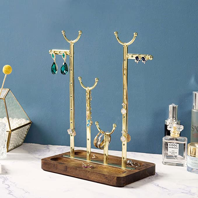 Multi-Level Jewelry Display Rack, Tabletop Brass Tone Metal Necklace Hanger and Earring Storage-MyGift