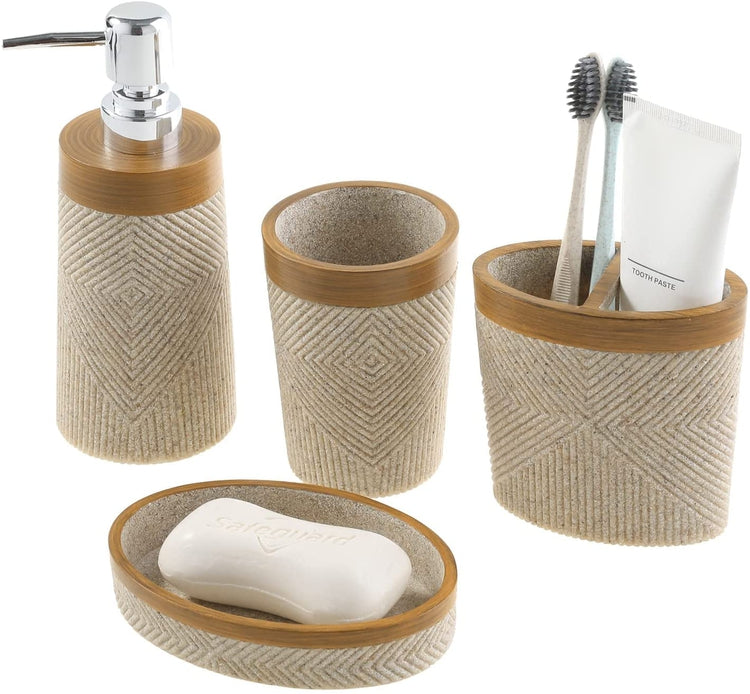 4 Piece Bathroom Set, Stone Striped Diamond Embossed, Liquid Pump Dispenser, Tumbler Cup, Toothbrush Holder, Soap Dish-MyGift