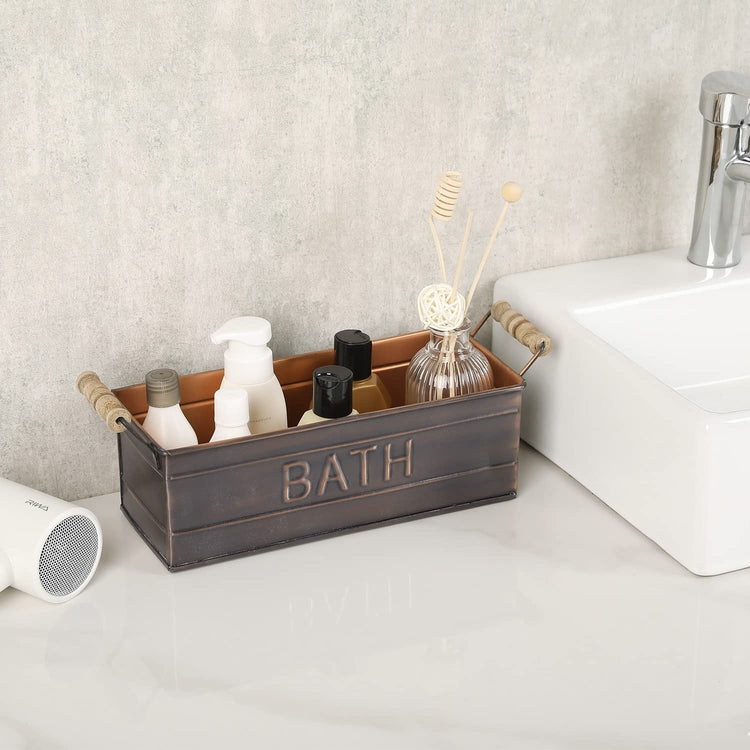 Bronze Metal Rectangular Storage Basket with Wood Handles, Bathroom Toiletries Holder, Organizer Bin with BATH Label-MyGift
