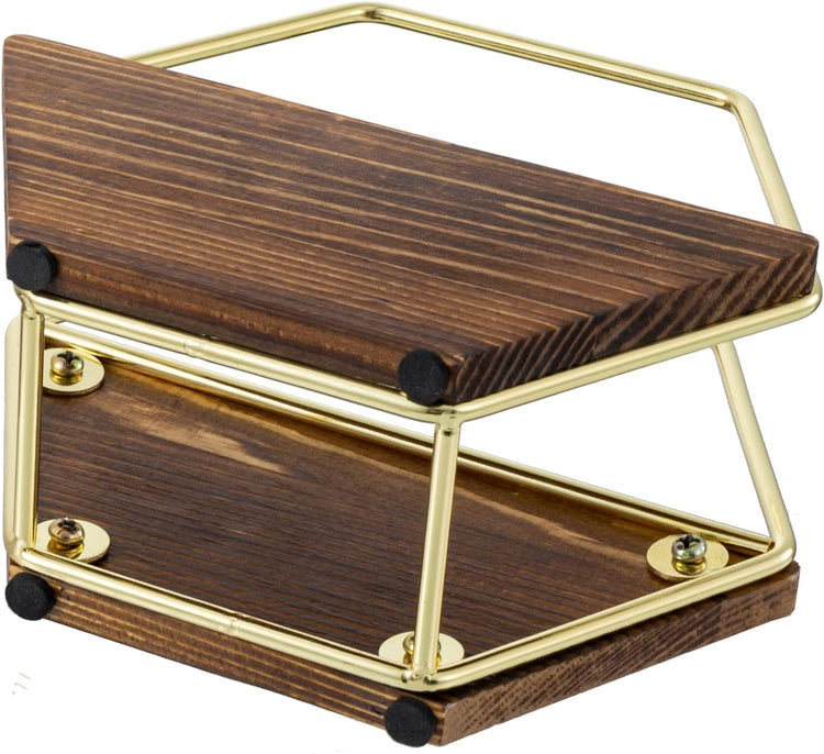 Hexagonal Burnt Wood Napkin Holder with Brass Tone Metal Wire Frame, Napkin and Cocktail Napkin Dispenser Rack-MyGift