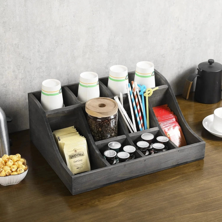 Gray Wood Tea and Condiment Organizer Storage Caddy with Compartments for Cups, Sugar Packets, Stirrers and Creamer-MyGift