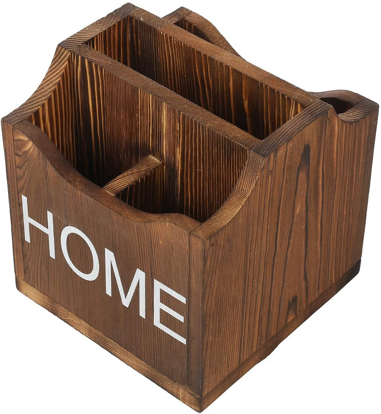 360-Degree Rotating Remote Control Caddy, Wooden Desktop Organizer with Burnt Wood Finish, White Stenciled HOME-MyGift