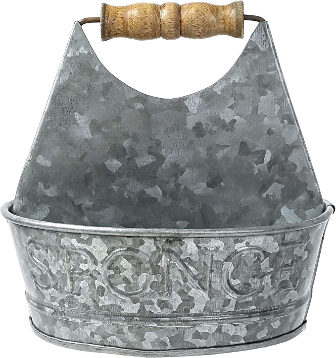 MyGift Sink Sponge Holder Storage Organize, Rustic Silver Galvanized Metal Bucket Shaped Kitchen Sponge Holder Tray
