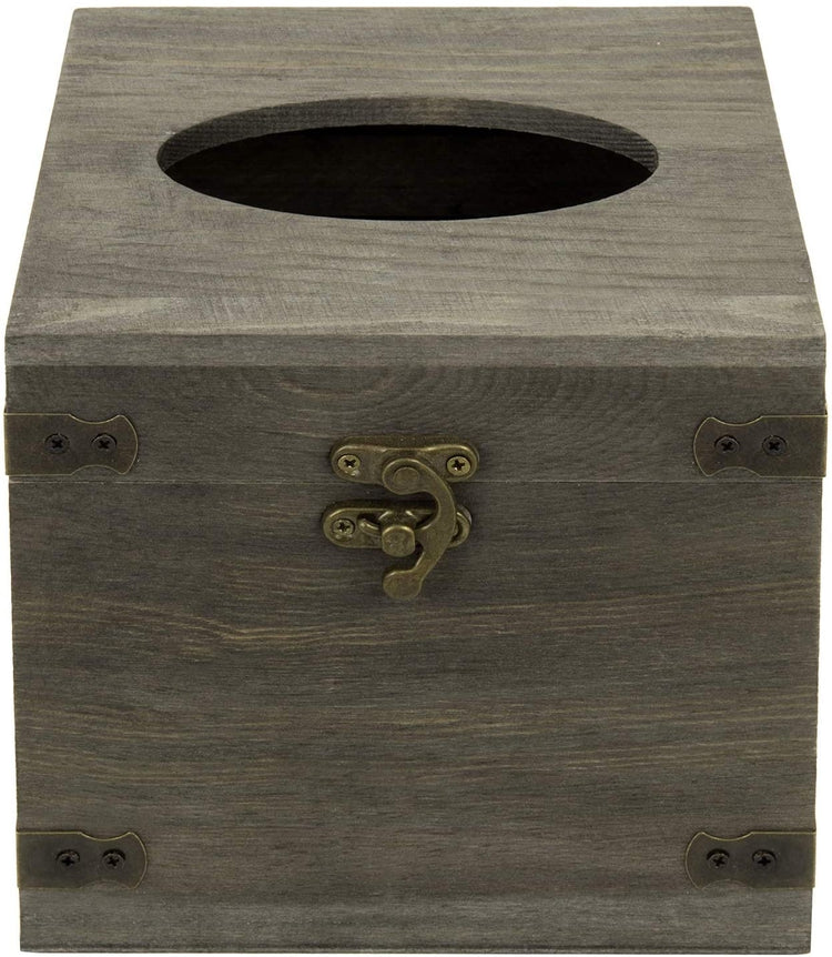 Vintage Gray Wood Square Facial Tissue Box Holder with Hinged Lid and Hook Latch-MyGift