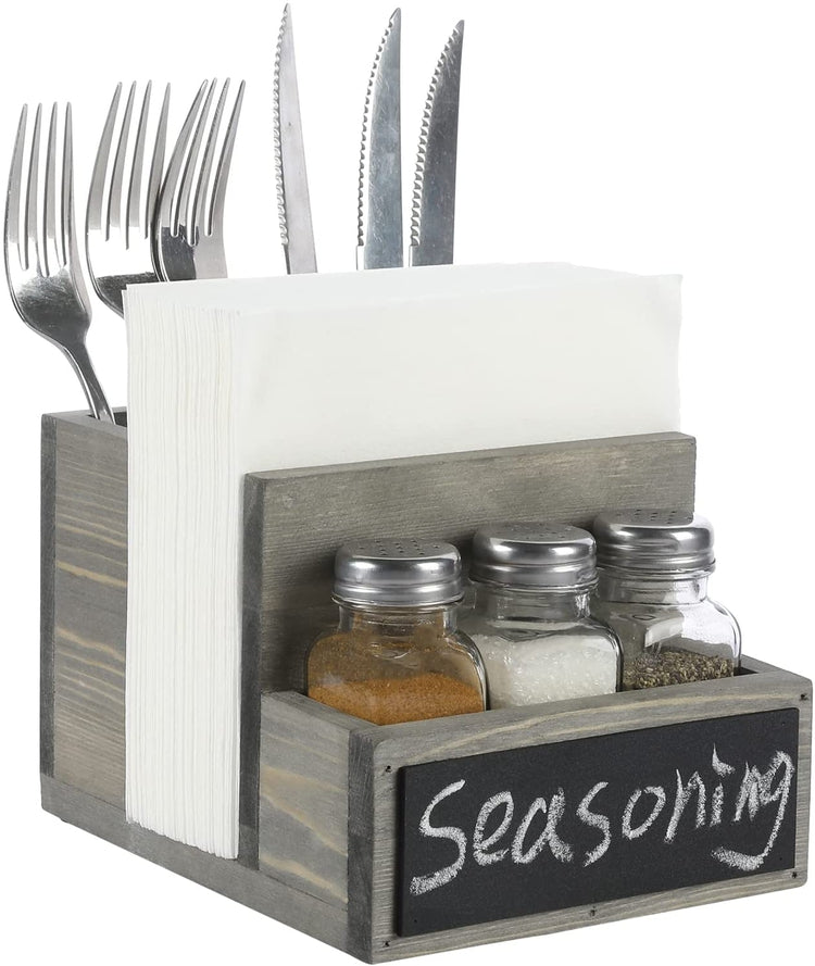 All-in-one Gray Wood Condiment Serving Caddy with Napkin Holder, Dining Utensil Organizer, 3 Salt and Pepper Shakers and Chalkboard Surface-MyGift