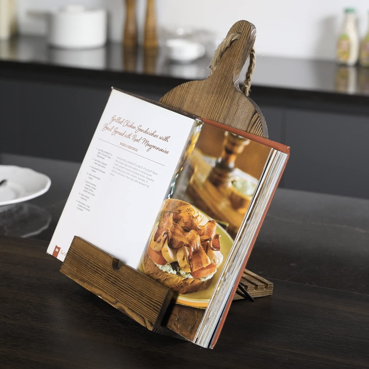 Cutting Board Shaped Cookbook Stand, Burnt Wood Recipe Book Holder with Rope Handle-MyGift