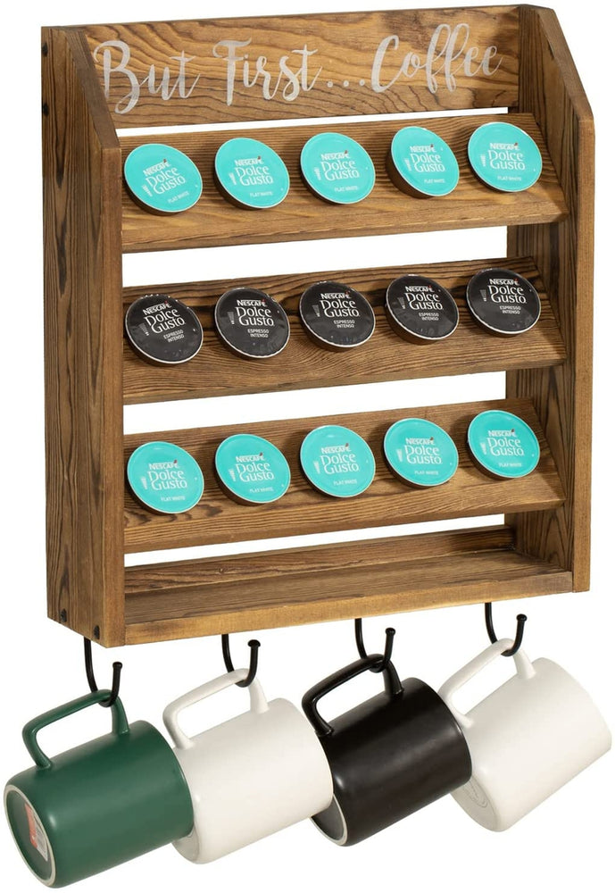 Wall Mounted Coffee Bar Organizer, Burnt Wood Coffee Pods Holder Storage Rack with Mug Hooks and But First...Coffee Sign-MyGift