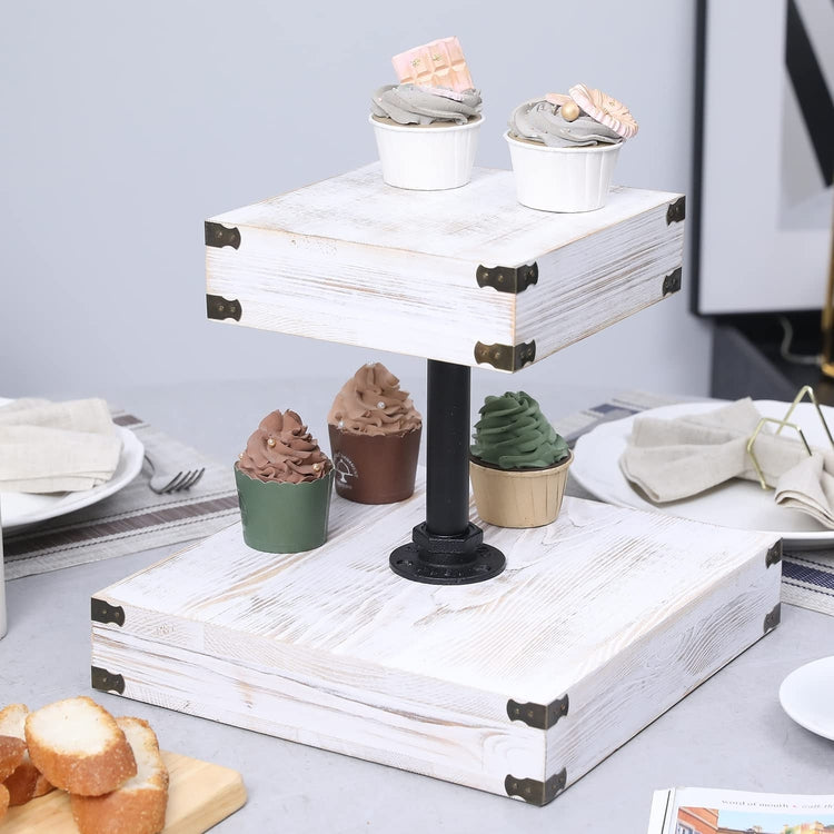 2 Tier Whitewashed Wood Cupcake Stand, Square Wood Tiered Dessert Stands with Industrial Pipe and Metal Corner Accents-MyGift