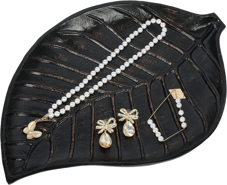 Antique Bronze Metal Embossed Leaf Design Decorative Jewelry Holder Vanity Organizer Tray or Entryway Dish-MyGift