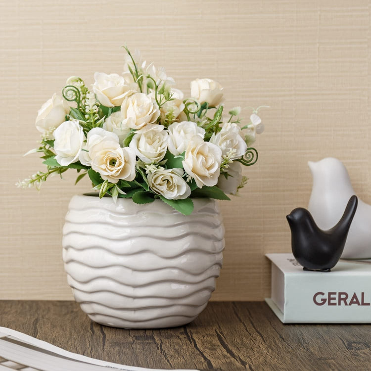 Fake Flower Arrangement in Vase, Artificial White Roses Bouquet with Round Ribbed Pattern Embossed White Ceramic Vase-MyGift