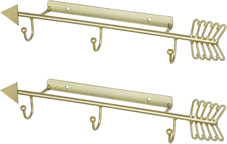 Set of 2, Brass Tone Metal Arrow Wall Mounted Plate Holder Saucer Display Rack with 3 Hooks-MyGift