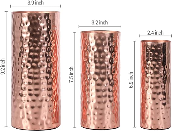 Modern Centerpiece, Decorative Copper Tone Metal Tall Cylinder Flower Vases, Set of 3 (Large, Medium, Small Sizes)-MyGift