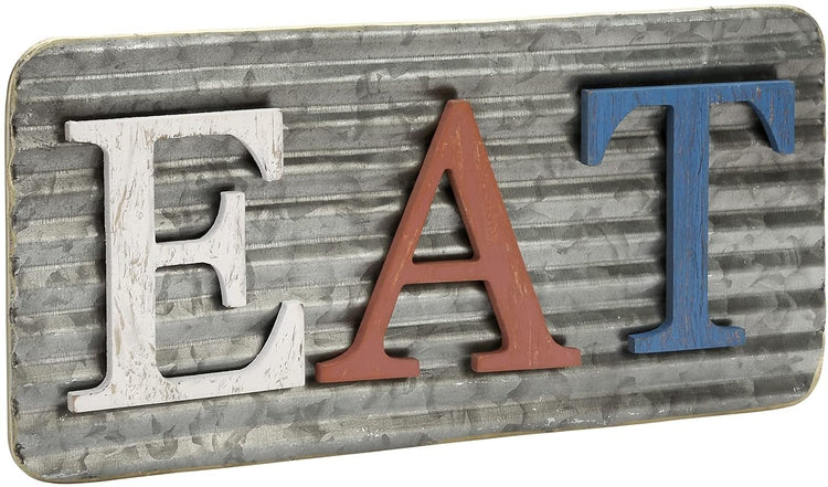 Red, White and Blue Cutout EAT Wood Letters with Corrugated Galvanized Metal Back Hanging Wall Art-MyGift