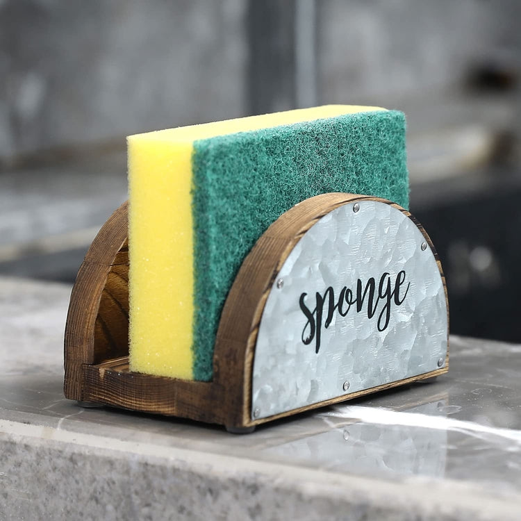 Burnt Wood Semicircle Kitchen Sponge Holder with Galvanized Metal and Black Sponge Cursive Lettering-MyGift