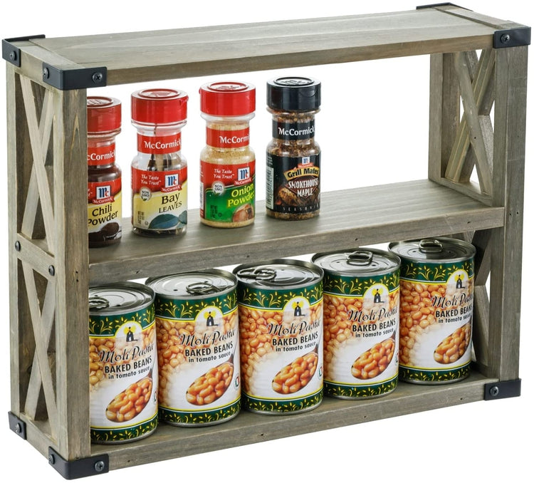 Wall Mounted Kitchen Open Shelving, 3 Tier X-Cross Gray Brown Wood Floating Shelves with Black Metal Corner Wraps-MyGift